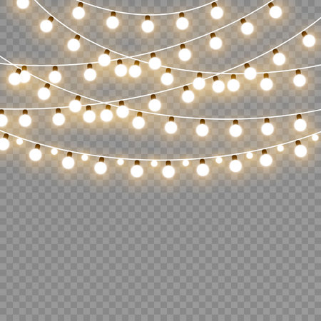 Christmas lights isolated on transparent background. Xmas glowing garland. Sparks glitter special light effect.のイラスト素材