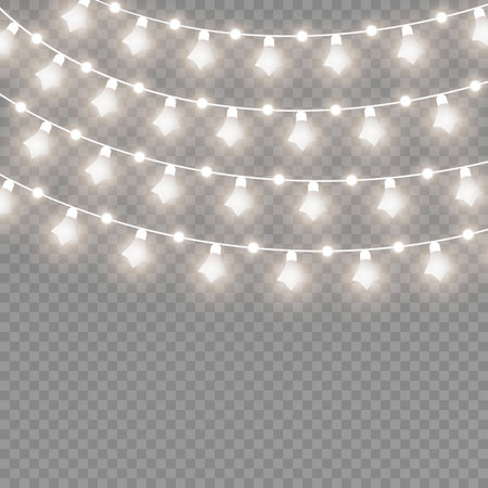 Christmas lights isolated on transparent background. Xmas glowing garland. Sparks glitter special light effect.のイラスト素材