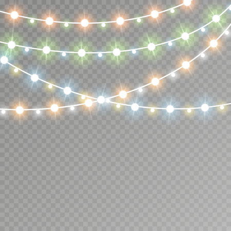 Christmas lights isolated realistic design elements. Glowing lights for Xmas Holiday cards, banners, posters, web design. Garlands decorations. Led neon lamp.のイラスト素材
