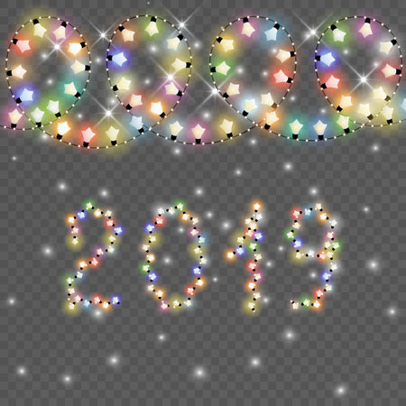 Christmas lights isolated realistic design elements. Glowing lights for Xmas Holiday cards, banners, posters, web design. Garlands decorations. Led neon lamp.のイラスト素材