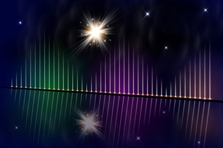 Several projectors in the dark. White spotlight strike through the darkness. Glow light effect. Star burst with sparkles. Vector illustration.のイラスト素材