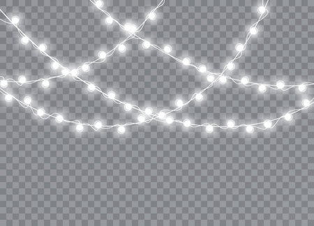Christmas lights isolated realistic design elements. Glowing lights for Xmas Holiday cards, banners, posters, web design. Garlands decorations. Led neon lamp. Vector illustration.のイラスト素材