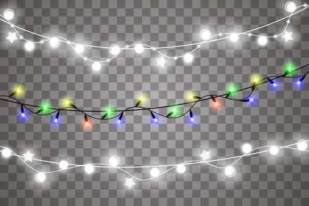 Christmas lights isolated realistic design elements. Glowing lights for Xmas Holiday cards, banners, posters, web design. Garlands decorations. Led neon lamp. Vector illustration.のイラスト素材