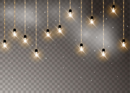 Christmas lights isolated realistic design elements. Glowing lights for Xmas Holiday cards, banners, posters, web design. Garlands decorations. Vector illustration.のイラスト素材