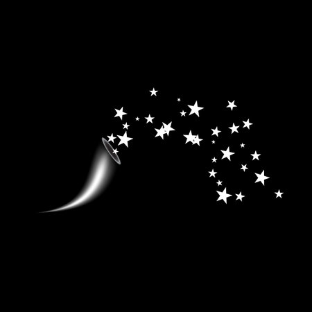 A cornucopia shoots a white star. Fireworks star random source of flow. Shooting star. Stars on a black background.のイラスト素材