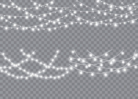 Set of christmas lights isolated realistic design elements.. Glowing lights for Xmas Holiday cards, banners, posters, web design. Garlands decorations. Vector illustration.のイラスト素材