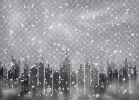 Snowfall over the city. Snowflakes, snow background, snow flakes. Christmas snow for the new year.  Heavy snowfall, snowflakes in different shapes and forms. Vector illustration.のイラスト素材