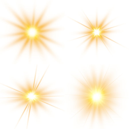 Set of bright stars. Sunlight translucent special design light effect on a white background. Vector illustration.のイラスト素材