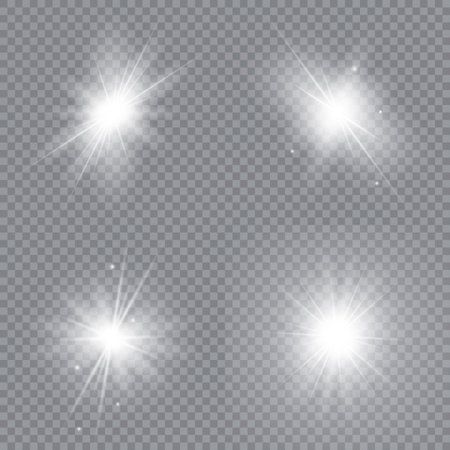 Set of bright stars. Glowing light explodes on a transparent background. Sparkling magical dust particles. Vector illustration.のイラスト素材