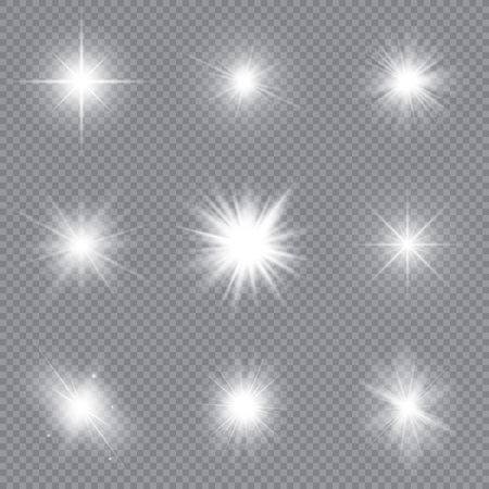 Set of bright stars. Sunlight translucent special design light effect. Vector illustration.のイラスト素材