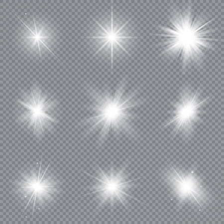 Set of bright stars. Sunlight translucent special design light effect. Vector illustration.のイラスト素材