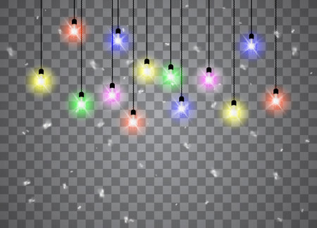 Christmas lights isolated realistic design elements. Glowing lights for Xmas Holiday cards, banners, posters, web design. Garlands decorations. Vector illustration.のイラスト素材