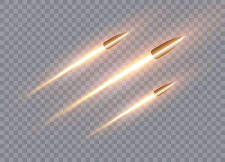 Realistic flying bullet in motion with the fiery trace. vector illustration.のイラスト素材