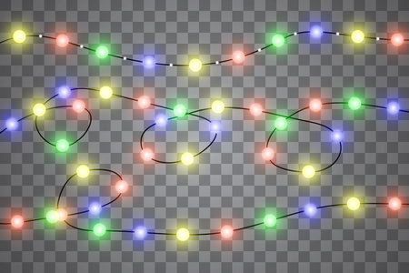 Christmas lights isolated realistic design elements. Glowing lights for Xmas Holiday cards, banners, posters, web design. Garlands decorations. Vector illustration.のイラスト素材
