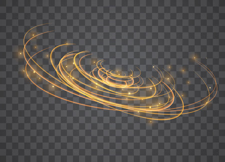 Golden glowing shiny lines effect. Glowing magic fire trace. Magic golden light effect with curve trail. vector illustration.のイラスト素材