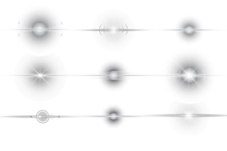 Special effect with rays of light and magic sparkles. White horizontal lens flares pack. Sunlight a translucent. Design of the light effect. Vector illustration.のイラスト素材