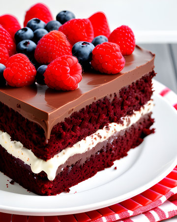 Chocolate cake with rich, fudgy frosting and perfectly layered cake, garnished with fresh berries and drizzled with melted chocolate.の素材