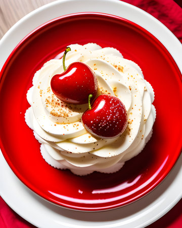 Fresh dessert with cream and cherries on the tableの素材