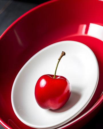 Big red cherry on a white saucerの素材