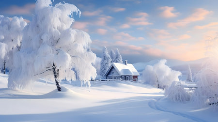 Winter solar landscape. The trees are covered with hoarfrost, blue sky and snow.の素材
