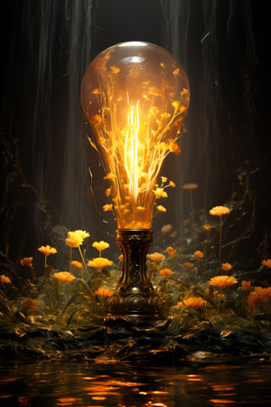 A fantastic lamp illuminates flowers in the forest.の素材
