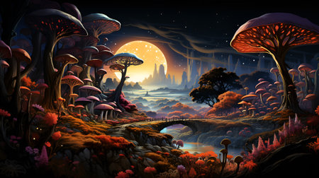 Sunset in a fabulous mushroom forest.の素材