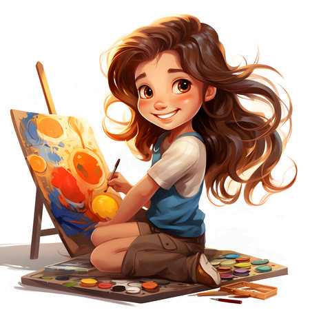 The girl draws with watercolors.の素材