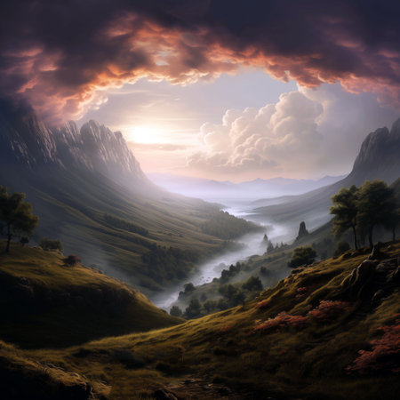 Fantasy landscape with foggy valley and mountains in the background.の素材