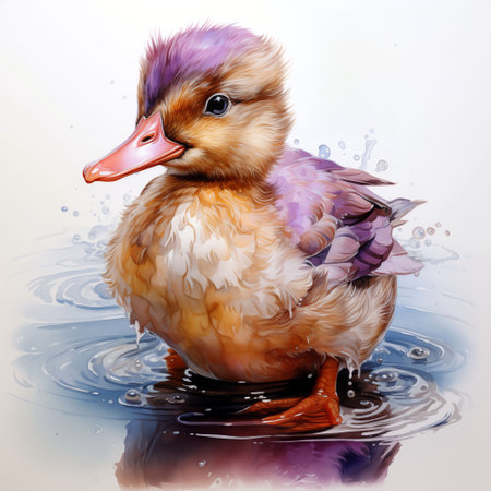 Cute duckling in water. Digital painting on white background.の素材