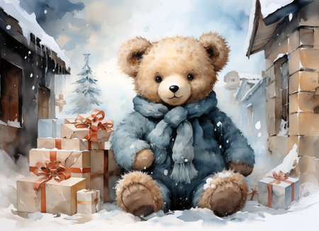 Cute teddy bear sits on the snow near the house with giftsの素材