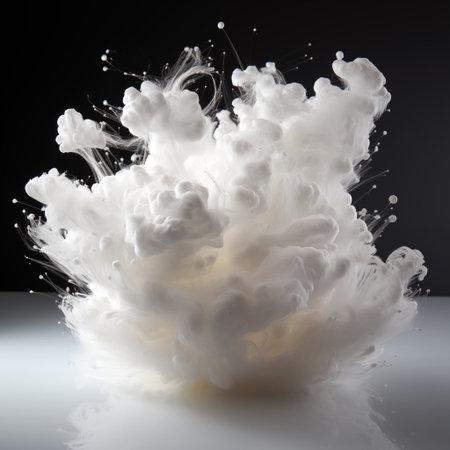 White paint splash isolated on black background. 3d render illustration.の素材