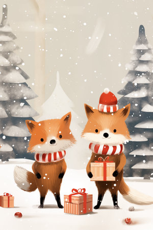 Christmas card with cute foxes holding gift boxes.の素材