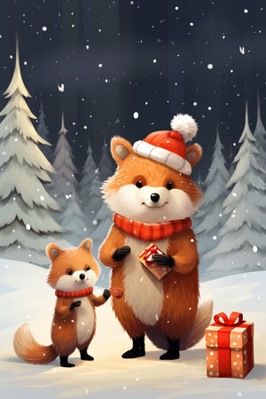 cartoon scene with christmas fox in the forest illustration for childrenの素材