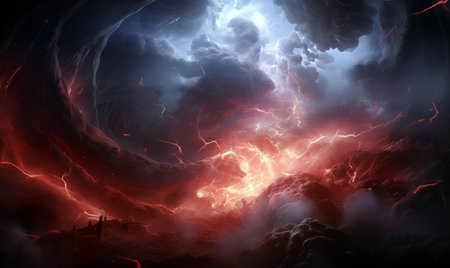 Fiery lightning in dark stormy sky. 3D illustration.の素材