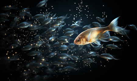 Goldfish swimming underwater in blue water. 3D Rendering.の素材