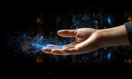 Close up of human hand touching with finger screen with blue glowing particlesの素材