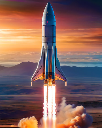 Rocket in the space against the background of the sunset. 3d renderの素材