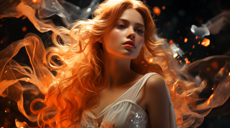 Portrait of a beautiful red-haired girl in the smoke. Beauty, fashion.の素材