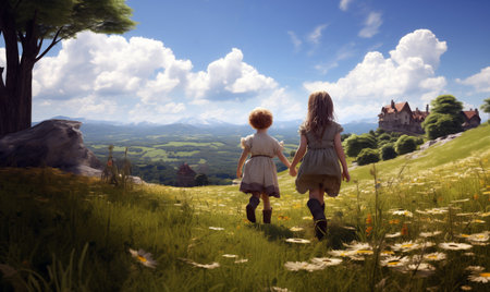 Mother and daughter walking on the meadow with daisies.の素材