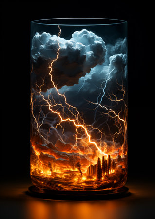 Storm in a glass vase on a black background with lightning.の素材