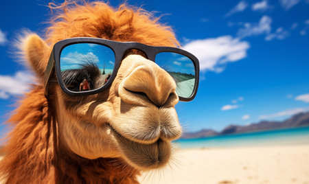 Camel in sunglasses on the background of the sea and blue skyの素材