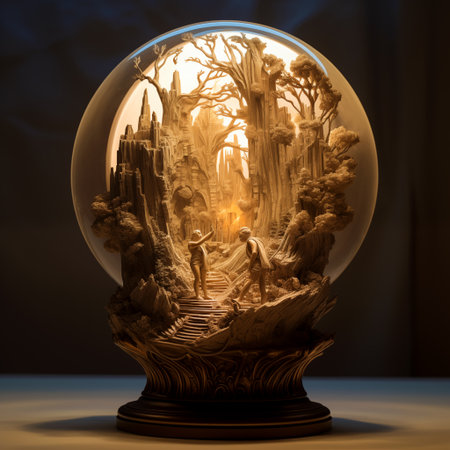 Fantasy landscape in a crystal ball. 3D illustration. Vintage style.の素材