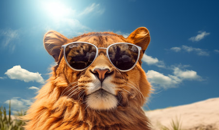Portrait of a lioness in sunglasses on a background of blue skyの素材