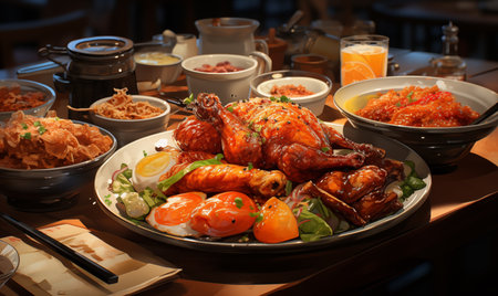 Japanese food on table in a restaurant, closeup of photo.の素材