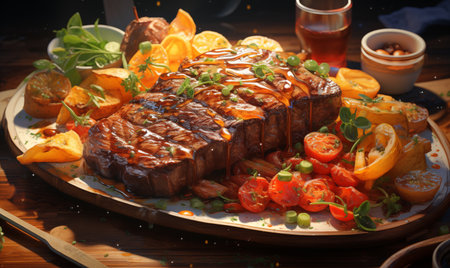 Grilled beef steak with vegetables and sauce on a wooden table.の素材