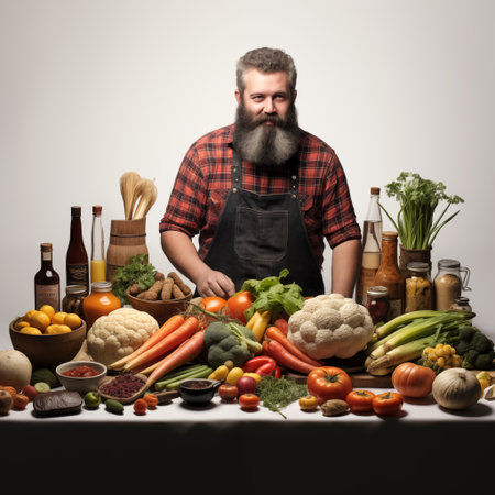 Bearded man in apron standing near table full of vegetables.の素材