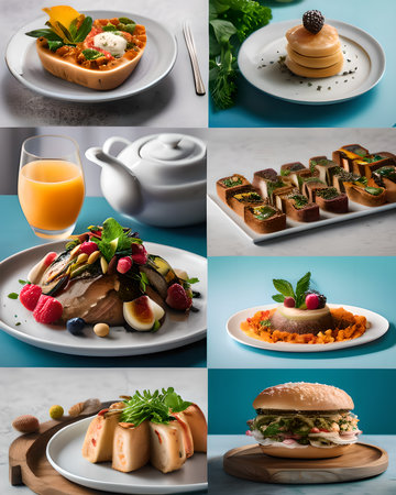 Collage of tasty and healthy breakfast. Healthy food concept. Selective focusの素材