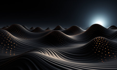 Abstract 3d render of wavy surface with glowing dots and lightの素材
