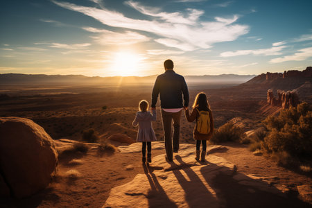 Happy family walking on the trail in Monument Valley, Utah, USAの素材
