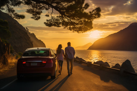 Couple walking on the road to the sea at sunset in summerの素材